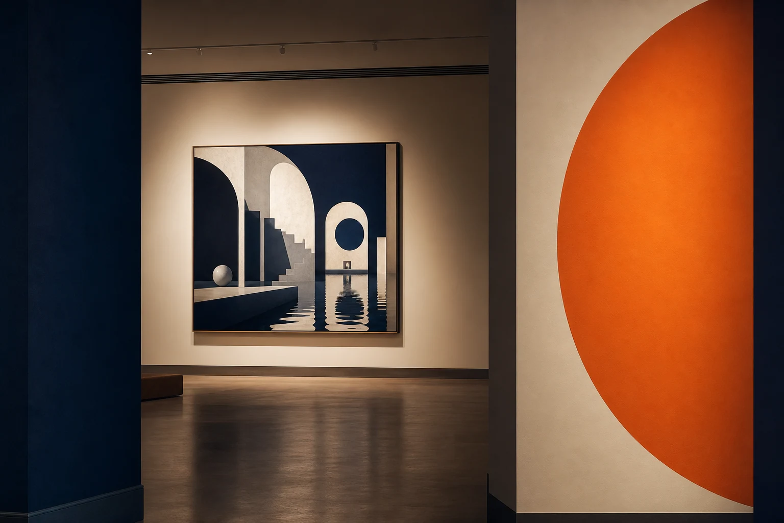 Vista parcial de una sala de museo contemporáneo con una obra arquitectónica surrealista enmarcada.