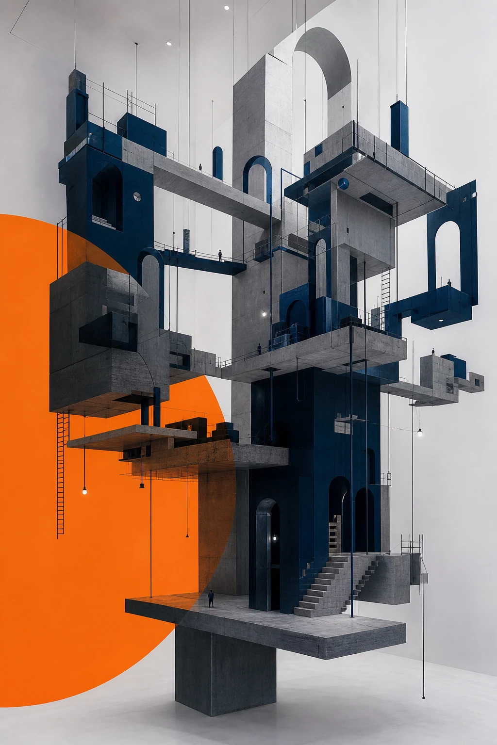 Escultura arquitectónica monumental suspendida en un espacio blanco de museo, con un semicírculo naranja que atraviesa la composición.