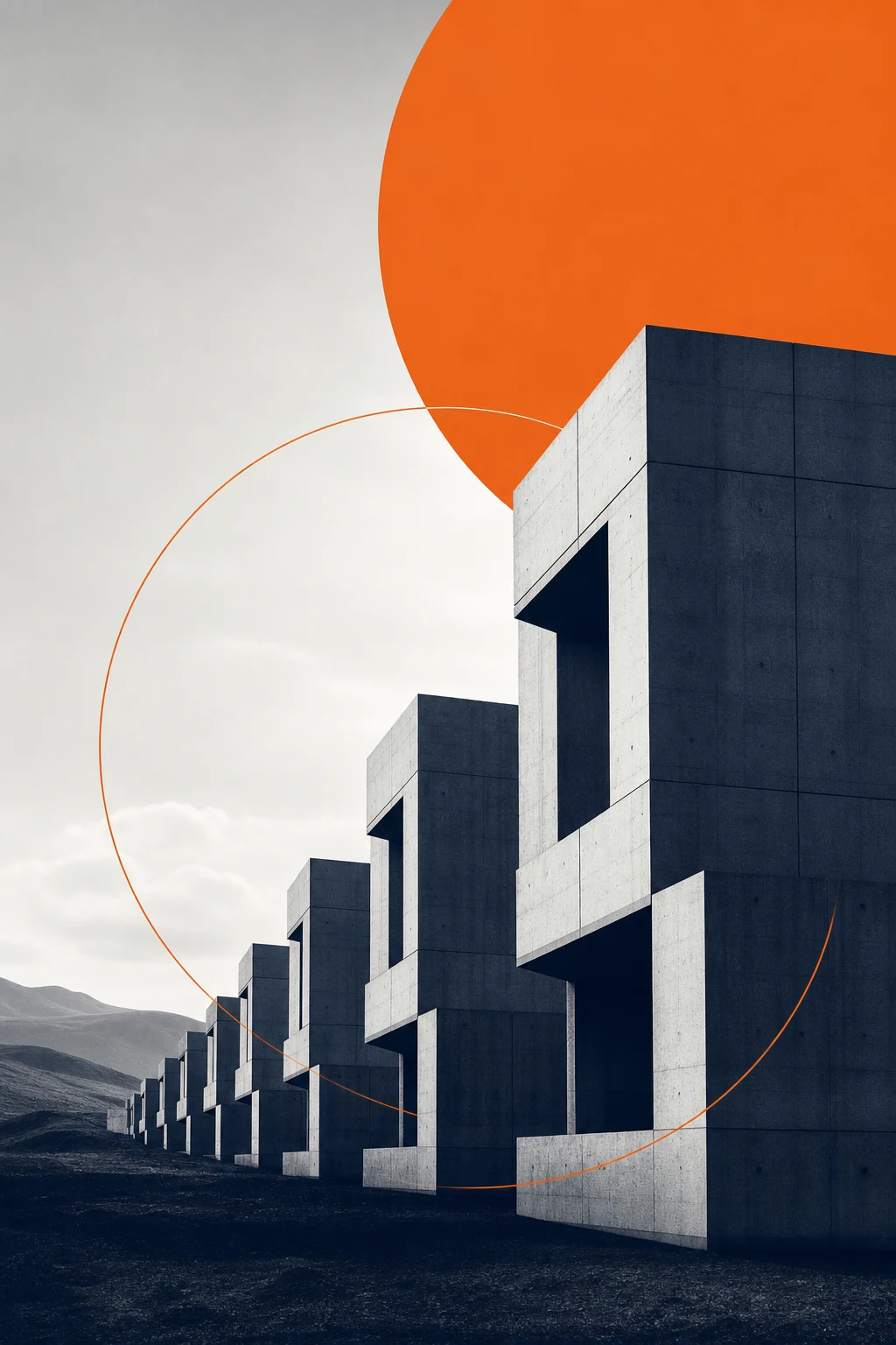 Secuencia modular de estructuras arquitectónicas que evoluciona en un paisaje abstracto, con acento naranja circular.