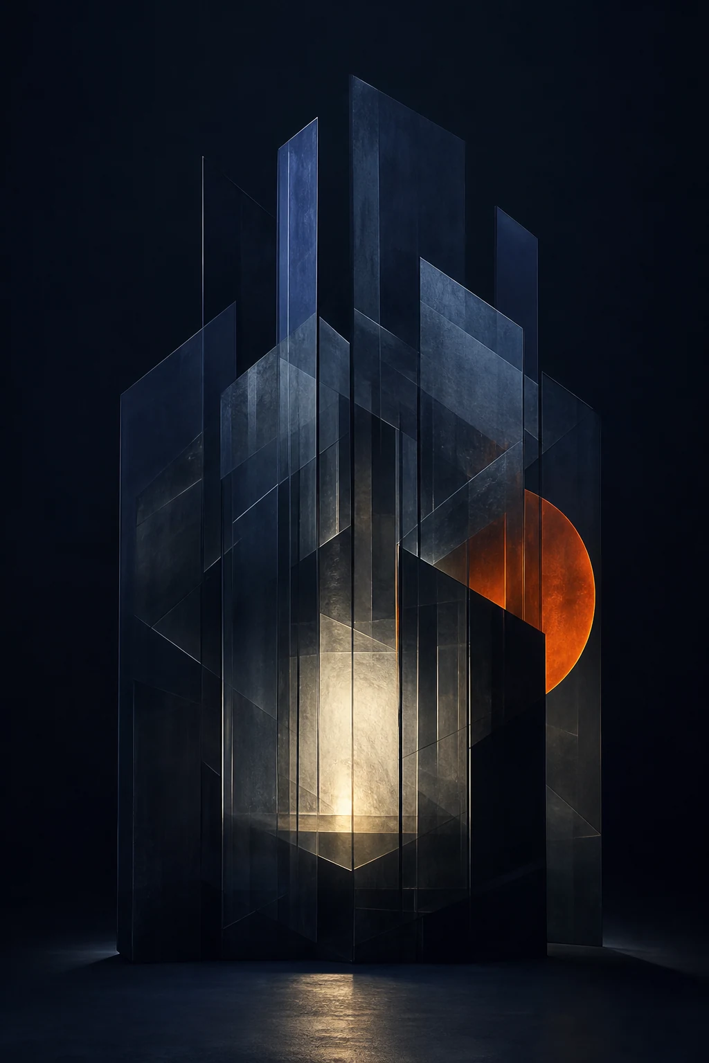 Fortaleza abstracta de planos translúcidos oscuros que protege un núcleo luminoso, con un fragmento circular naranja.