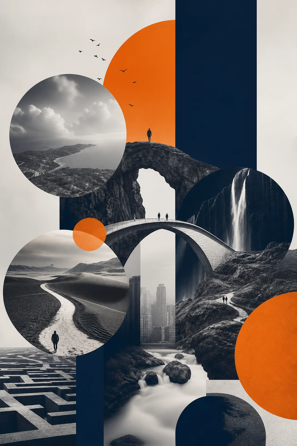Collage contemporáneo de mundos visuales distintos conectados por puentes y un semicírculo naranja.